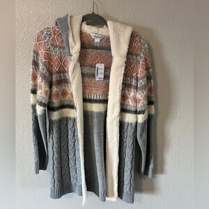 NWT Christopher & Banks Fuzzy Hooded Cardigan in Pink and Gray Medium